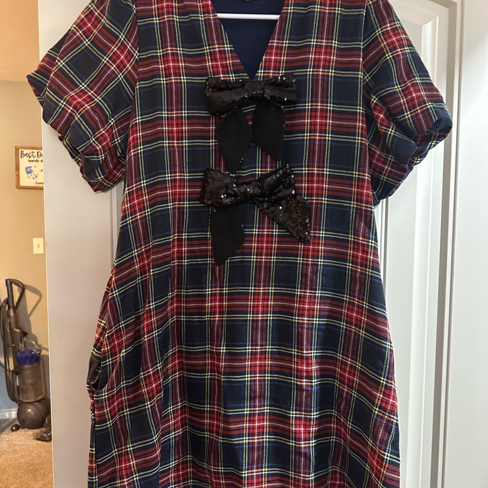 Plaid Dress with Sequin Bows